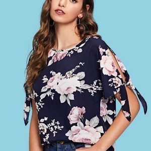 SHEIN Split Knot Sleeve Floral Print Top NWOT